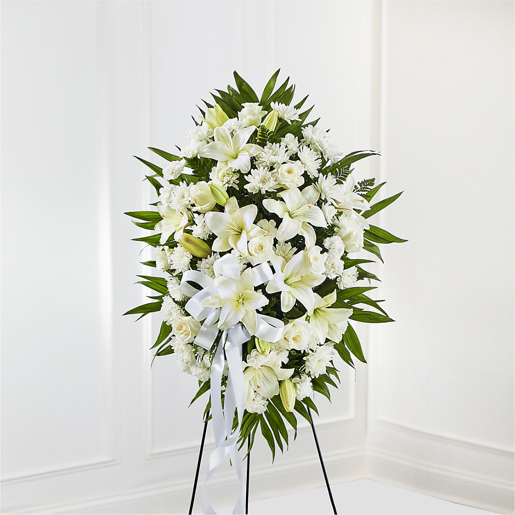 Exquisite Tribute Standing Spray-White Ribbon – Floral Creations, Mcadoo PA